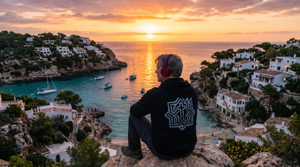 Electronic music producer tequilla11 watching a golden sunrise over a Balearic cove with sailboats and white villas