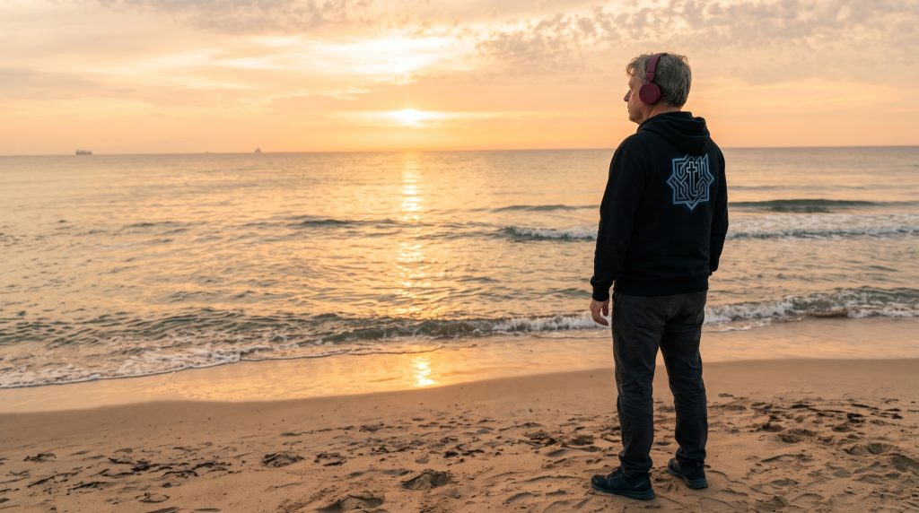 tequilla11 wearing headphones and black hoodie standing on the beach watching the Black Sea sunrise